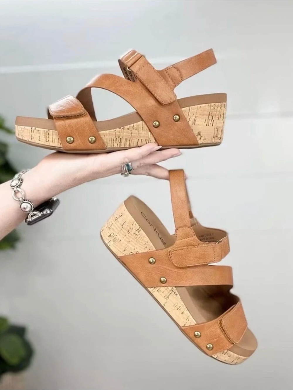 Cork Wedge Sandals in Tan with Adjustable Straps